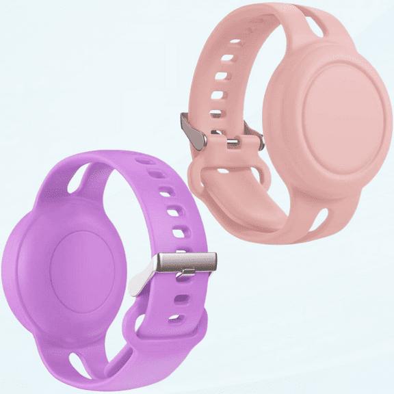 2 Pack Airtag Bracelet for Kids Waterproof, Silicone Wristband Full Case Cover for Apple Airtag Holder, Anti-Lost Band Hidden Accessories for Toddler Child, Tracker Strap (Pink+Purple)