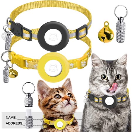 2 Pack Airtag Cat Collar, Breakaway Cat Collars Holder Compatible with Apple Airtag, Adjustable Reflective Strap with Bell & ID Tag for Cat Dog Kitten Puppy (Yellow)