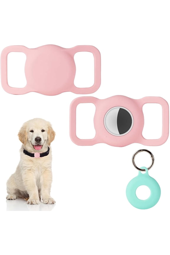 2 Pack Airtag Holder for Collar, Dog Cat Tracker Case, Silicone Airtag Case Waterproof, Scratch-Resistant, Anti-Lost & 1 Pack AirTag Keychain Holder for Bag, Suitcase (Large, Pink)