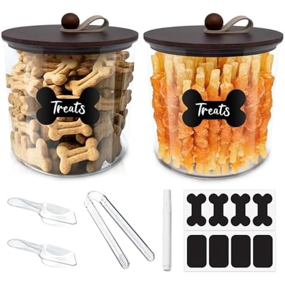 2 Pack Airtight Dog Food Storage Container,Dog Treat Container Dog Treat Jar with Wood Lids 6x5'',Pet Food Storage Container,Cat Food Container with Scoops,Food Tong,Labels,Pen