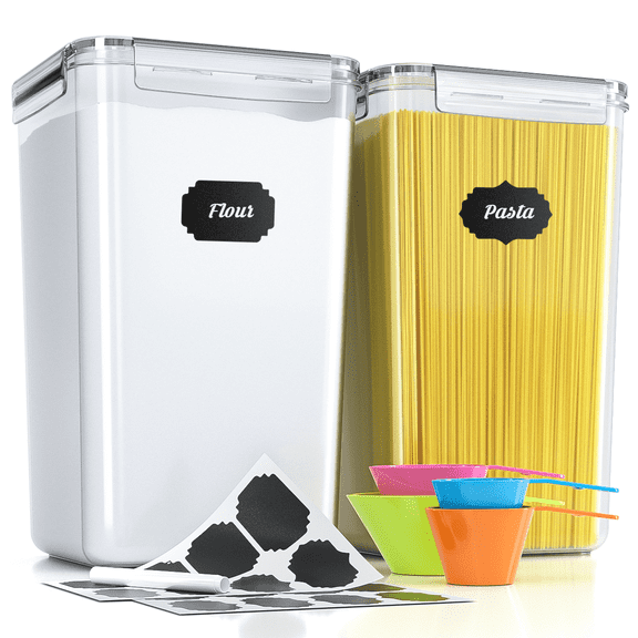 2 Pack Airtight Food Storage Containers with Lids, 220oz/6.5L Plastic Kitchen and Pantry Organization Canisters for Cereal, Dry Food, Flour and Sugar, BPA Free, Free Spoon Set, Labels & Marker
