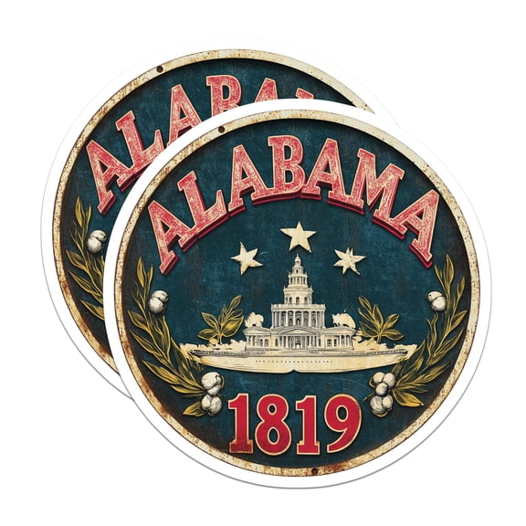 (2 Pack) Alabama State Seal Stickers - Vintage Alabama Emblem - Southern Pride - 5" On Longest Side - Sticks to Smooth Flat Surfaces - Made in USA - BMCS15335