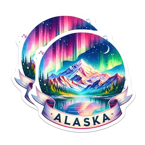 (2 Pack) Alaska Magnets - Colorful Mountain Magnets - Northern Lights - 5" On Longest Side - for Cars, Fridges, Toolboxes - Made in USA - MAG6790
