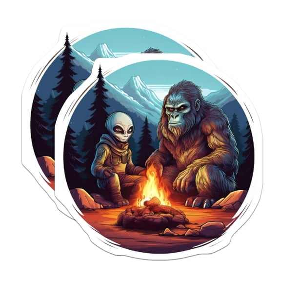 (2 Pack) Alien Bigfoot Campfire Magnets - Funny Cryptid Sasquatch Decor - UFO Extraterrestrial Scene - 5 Inches On Longest Side - Thick Durable Magnet - Made in USA - MAG22032