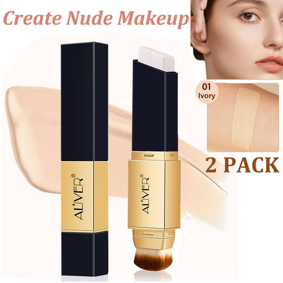 2-Pack Aliver 2 in 1 Colour Changing Concealer Stick with Cosmetic Brushes, Long Lasting Makeup Full Concealer Stick - Ivory White#1