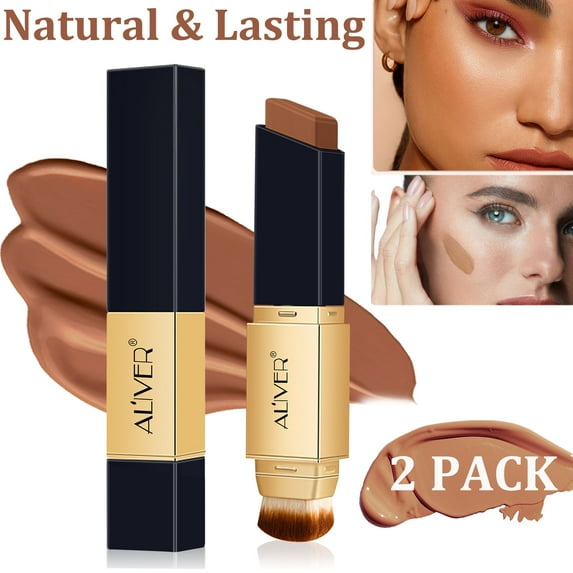 2-Pack Aliver 2 in 1 Colour Changing Concealer Stick with Cosmetic Brushes, Long Lasting Makeup Full Concealer Stick - Natural Tan#2