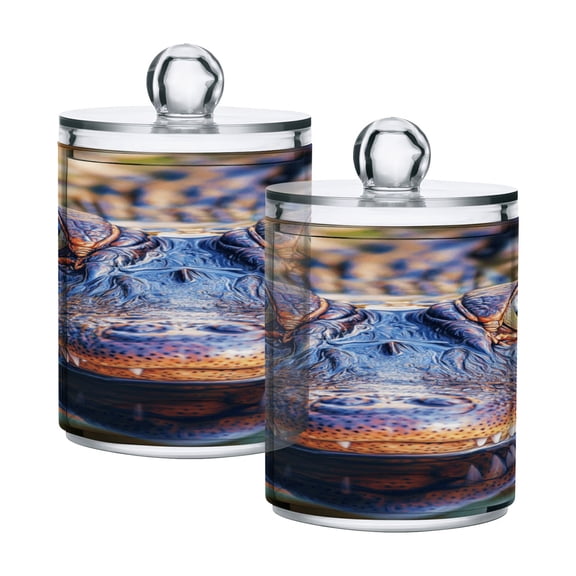 2 Pack Alligator in Water Qtip Holder Dispenser Clear Plastic Storage Apothecary Jars for Cotton Swabs Balls Pads Floss