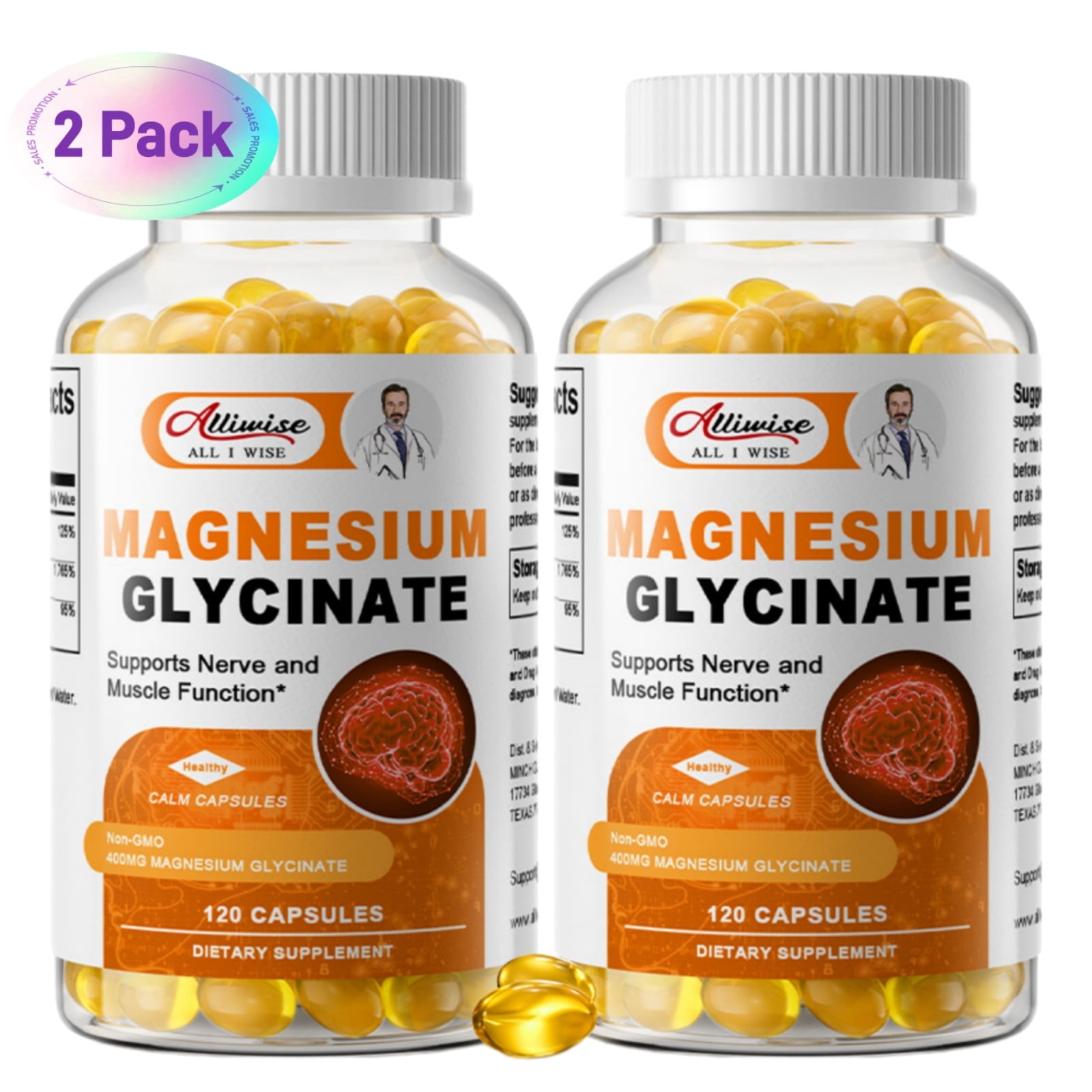 (2 Pack) Alliwise Magnesium Glycinate 400mg, High Absorption  Chelated Magnesium Supplement, Supports Muscle, Heart, and Immune Health, 240 Capsules