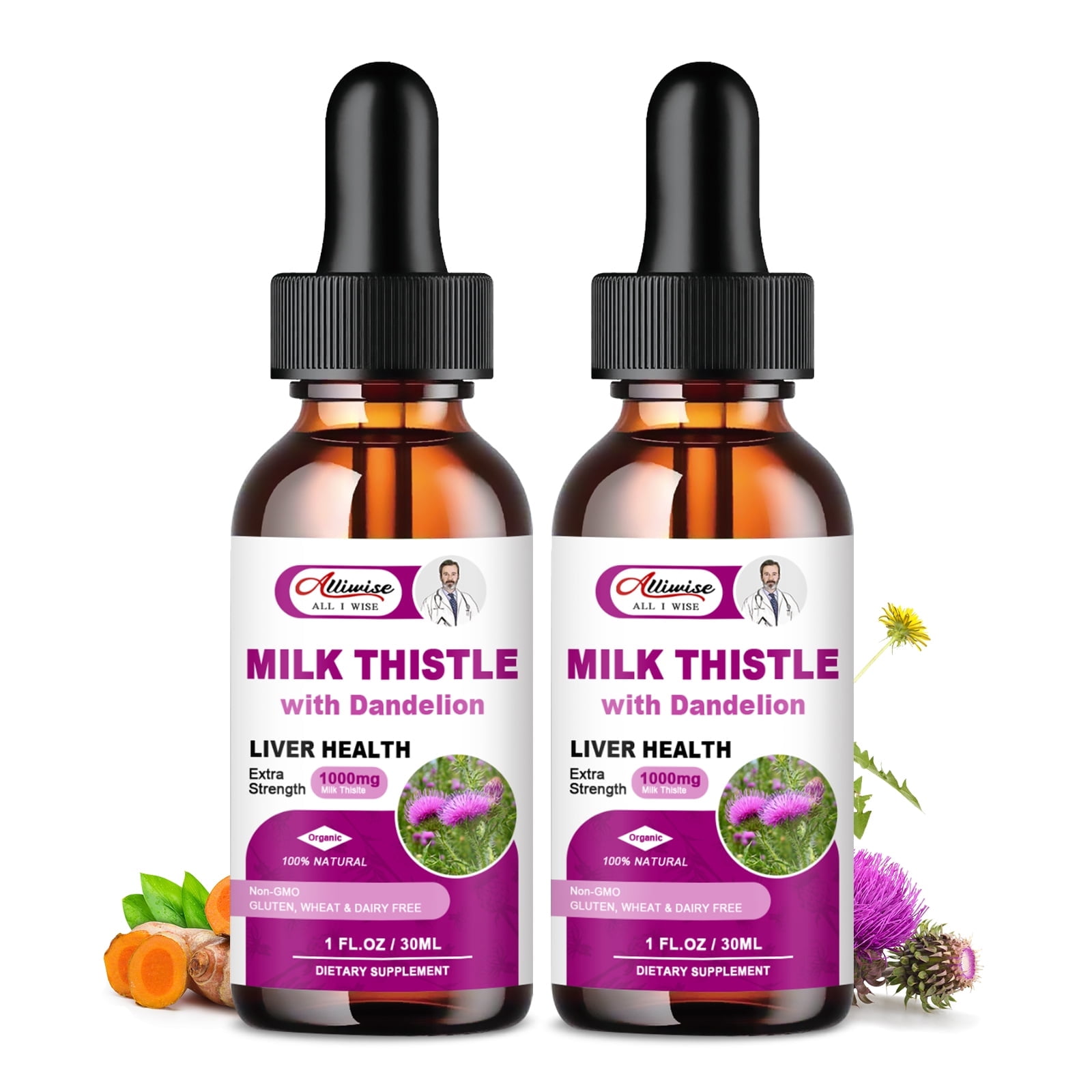 (2 Pack)Alliwise Milk Thistle Drops 1000mg,Silymarin Marianum & Dandelion Root Support Liver Health,Total 2Fl oz