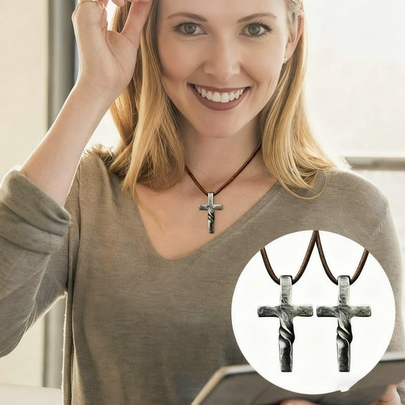 2 Pack Alloy Cross Pendant Necklace for Men and Women, Vintage Hammered Metal Design with Leather Cord, Fashion Jewelry Gift for Couples, Friends, or Daily Wear
