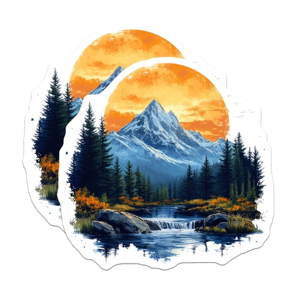 (2 Pack) Alpine Landscape Magnets - Forest River Scene - Celestial Moon Decor - 5 Inches On Longest Side - Thick Durable Magnet - Made in USA - MAG23332