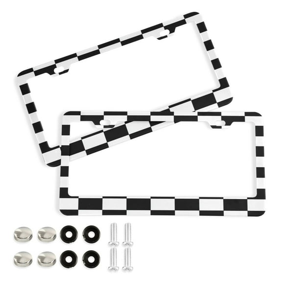 2 Pack Aluminum Alloy License Plate Frame Universal Car License Plate Cover with 2 Holes with Free Screws Black and White Check