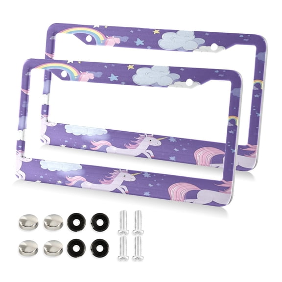 2 Pack Aluminum Alloy License Plate Frame Universal Car License Plate Cover with 2 Holes with Free Screws Cute Unicorns Pattern