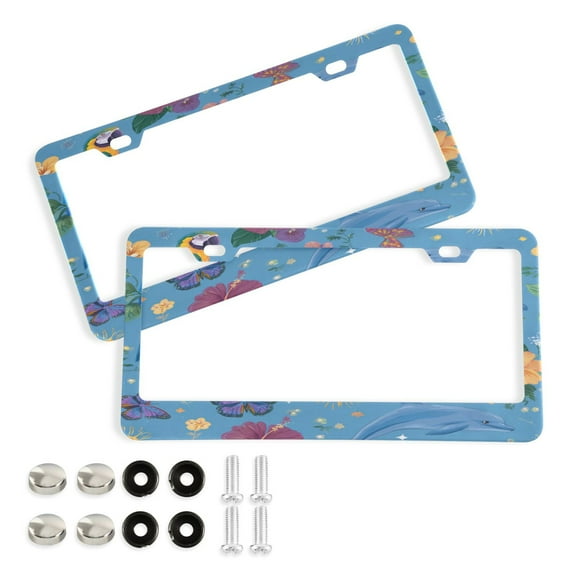 2 Pack Aluminum Alloy License Plate Frame Universal Car License Plate Cover with 2 Holes with Free Screws Parrots and Dolphins Pattern