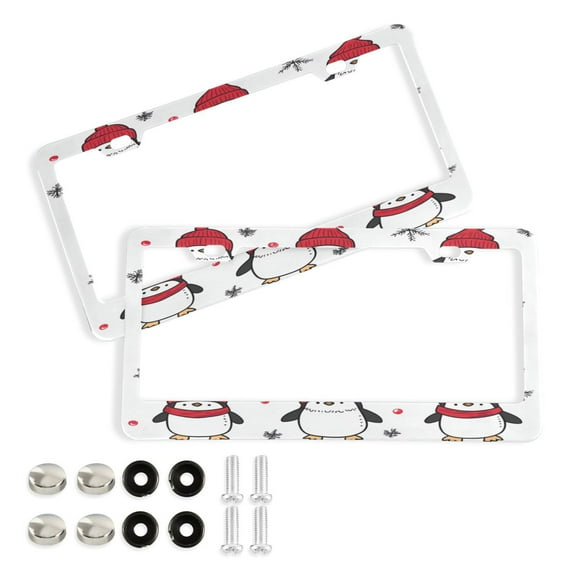 2 Pack Aluminum Alloy License Plate Frame Universal Car License Plate Cover with 2 Holes with Free Screws Penguin Pattern