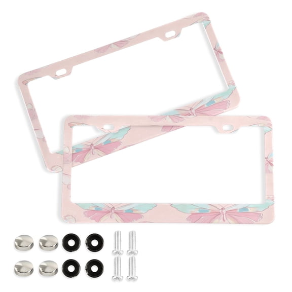 2 Pack Aluminum Alloy License Plate Frame Universal Car License Plate Cover with 2 Holes with Free Screws Pink Butterflies
