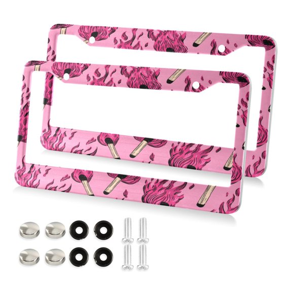 2 Pack Aluminum Alloy License Plate Frame Universal Car License Plate Cover with 2 Holes with Free Screws Pink Flames Pattern