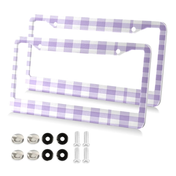 2 Pack Aluminum Alloy License Plate Frame Universal Car License Plate Cover with 2 Holes with Free Screws Purple and White Plaid