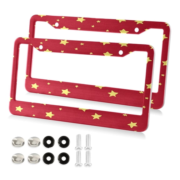 2 Pack Aluminum Alloy License Plate Frame Universal Car License Plate Cover with 2 Holes with Free Screws Yellow Stars on Red Background