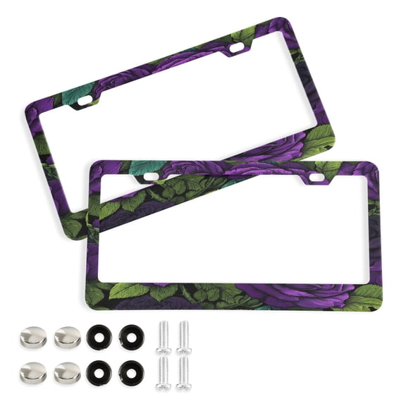 2-Pack Aluminum License Plate Frame with 2 Holes for Elliptical GM License Plate Cover with Free Screws Gothic Dark Purple Rose Print