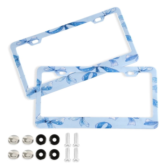 2-Pack Aluminum License Plate Frame with 2 Holes for GM License Plate Cover with Free Screws Blue Bows and Ribbons