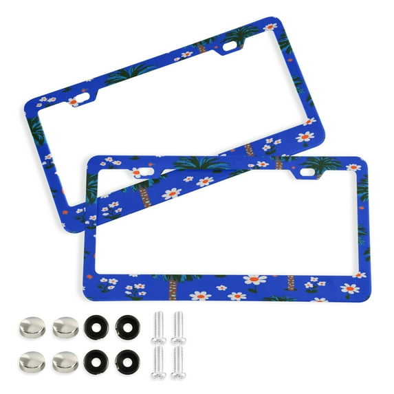 2-Pack Aluminum License Plate Frame with 2 Holes for GM License Plate Cover with Free Screws Blue Summer Palm Trees