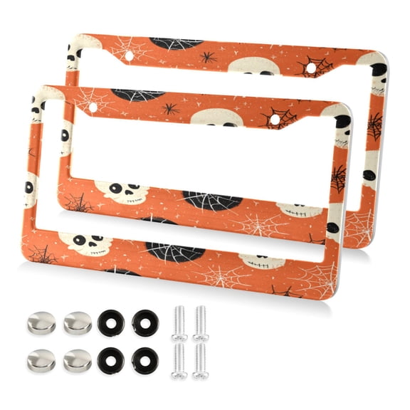 2-Pack Aluminum License Plate Frame with 2 Holes for GM License Plate Cover with Free Screws Cartoon Skulls and Cobwebs