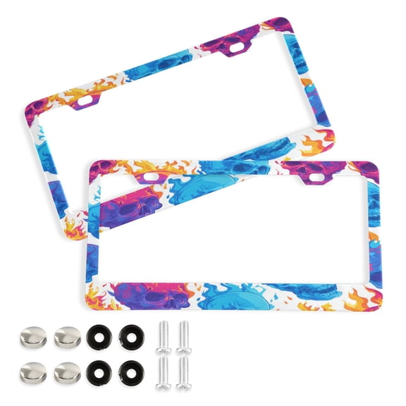 2-Pack Aluminum License Plate Frame with 2 Holes for GM License Plate Cover with Free Screws Colorful Skulls with Flames