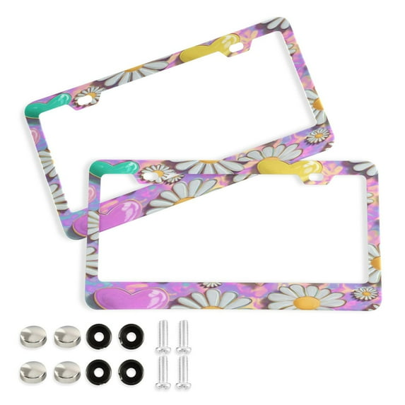 2-Pack Aluminum License Plate Frame with 2 Holes for GM License Plate Cover with Free Screws Cute Daisies and Hearts
