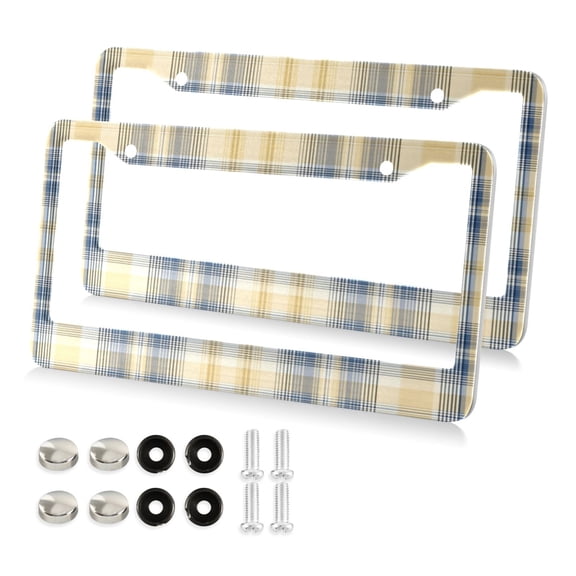2-Pack Aluminum License Plate Frame with 2 Holes for GM License Plate Cover with Free Screws Deep Blue and Yellow Tartan