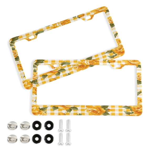 2-Pack Aluminum License Plate Frame with 2 Holes for GM License Plate Cover with Free Screws Elegant and Beautiful Yellow Roses