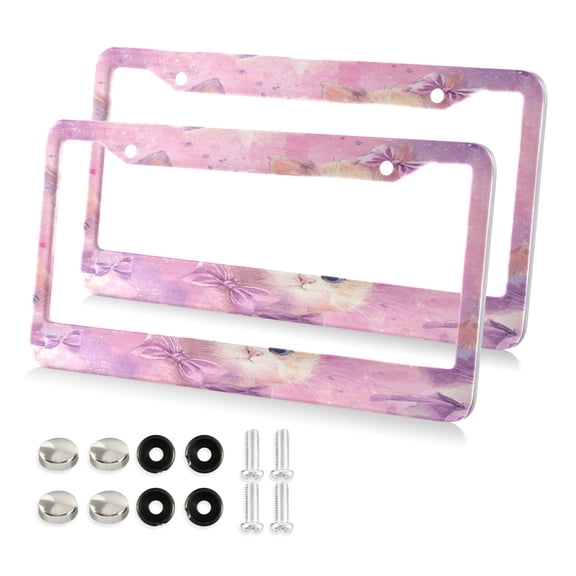 2-Pack Aluminum License Plate Frame with 2 Holes for GM License Plate Cover with Free Screws Kittens with Bows Pattern