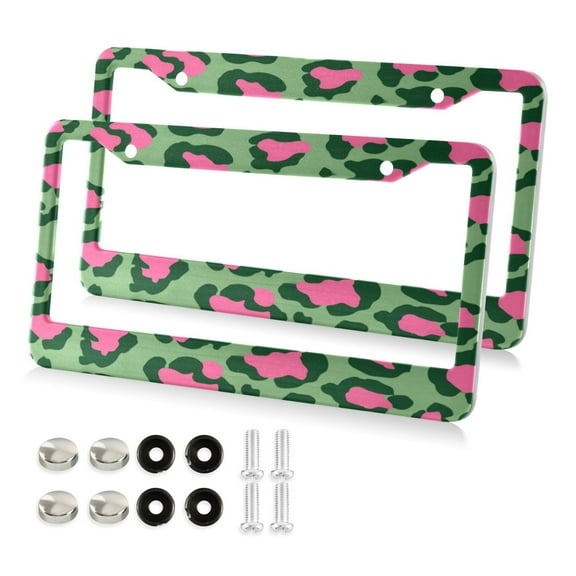 2-Pack Aluminum License Plate Frame with 2 Holes for GM License Plate Cover with Free Screws Leopard Print with Pink Accents