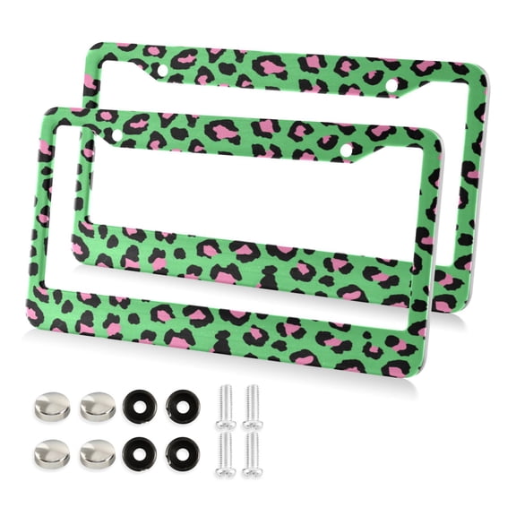 2-Pack Aluminum License Plate Frame with 2 Holes for GM License Plate Cover with Free Screws Powder Green Retro Leopard Print