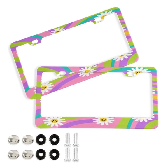 2-Pack Aluminum License Plate Frame with 2 Holes for GM License Plate Cover with Free Screws Smiling Daisy on Multicolor Background