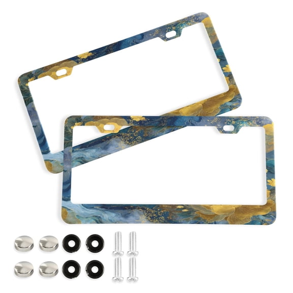 2-Pack Aluminum License Plate Frame with 2 Holes for GM License Plate Cover with Free Screws Swirling Water and Yellow Flowers
