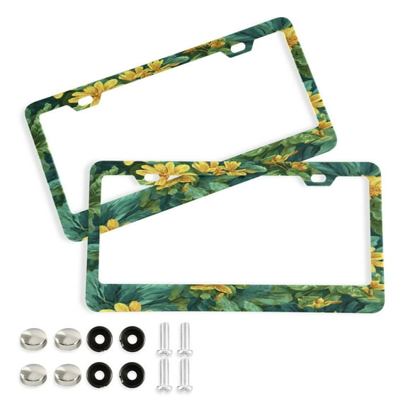 2-Pack Aluminum License Plate Frame with 2 Holes for GM License Plate Cover with Free Screws Yellow Chrysanthemum