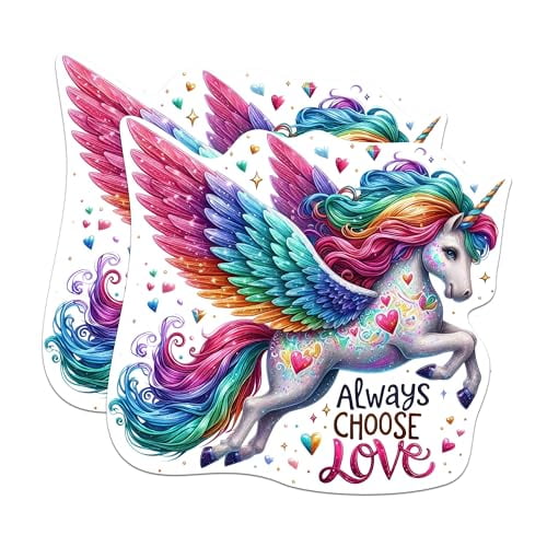 (2 Pack) Always Choose Love Flying Rainbow Unicorn Stickers - Positive Empowering - 5 Inches On Longest Side - Premium Vinyl Decal - Sticks to Any Smooth Flat Surface - Made in USA - BMCS2152