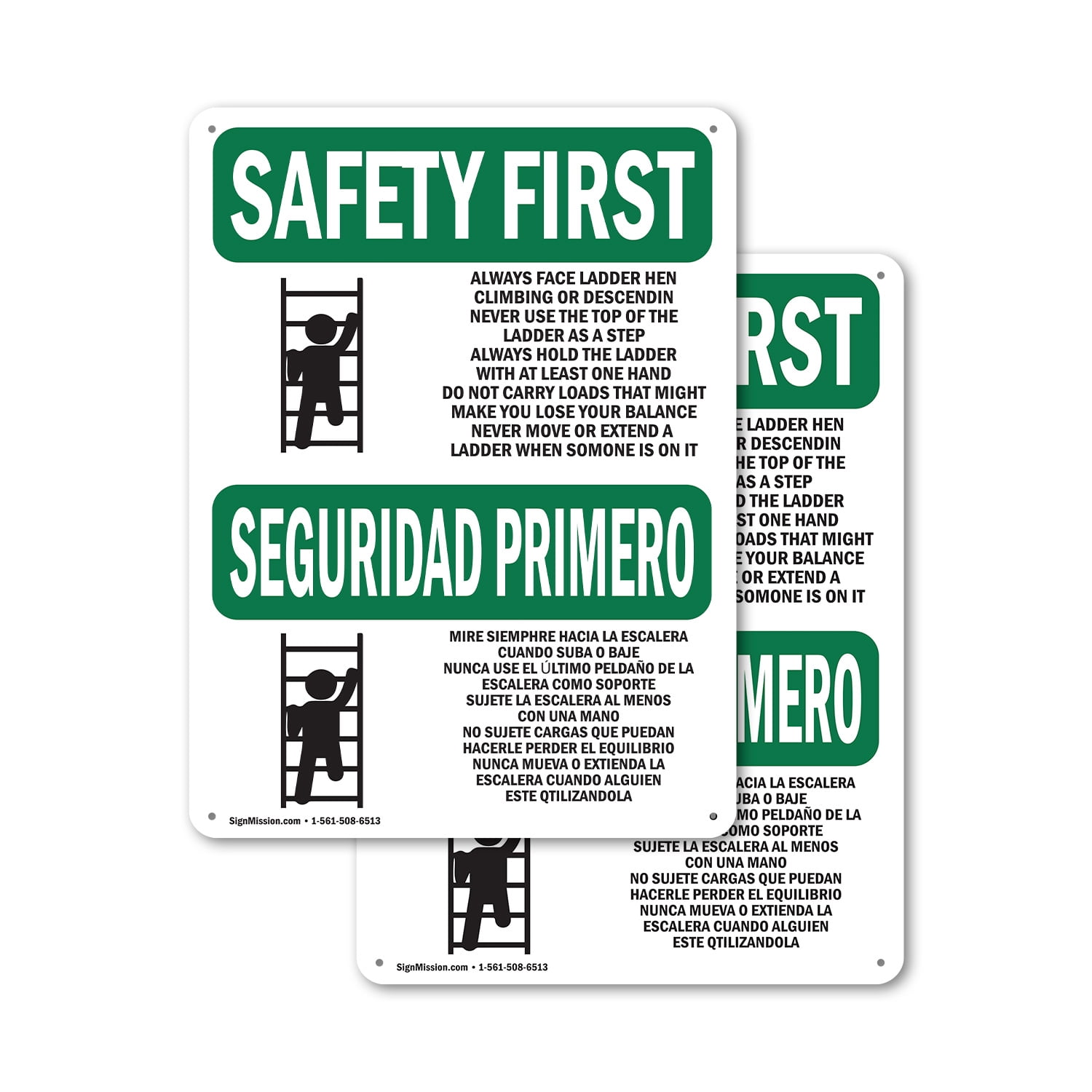(2 Pack) Always Face Ladder Safety Bilingual OSHA Safety First Sign 10 ...