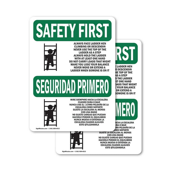 (2 Pack) Always Face Ladder Safety Bilingual OSHA Safety First Sign 10 Inch X 14 Inch Vinyl Label Decal Sticker Weather Resistant, UV Protected for Workplace, Business, and Construction