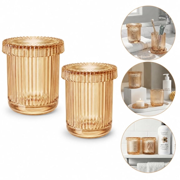 2 Pack Amber Glass Qtip Holder Dispenser, Bathroom Organizers and Storage, Vanity Cotton Swab Holder, Cotton Round & Cotton Pad Holder, Multi-Purpose Bathroom Containers for Cotton Swabs, Cotton Ball
