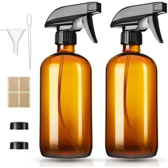 2 Pack Amber Glass Spray Bottles,16oz Glass Spray Bottles Refillable Empty Containers with Adjustable Nozzle,Spray Bottle for Cleaning,Pets, Aromatherapy,Hair Mister,Squirt and Mist Setting