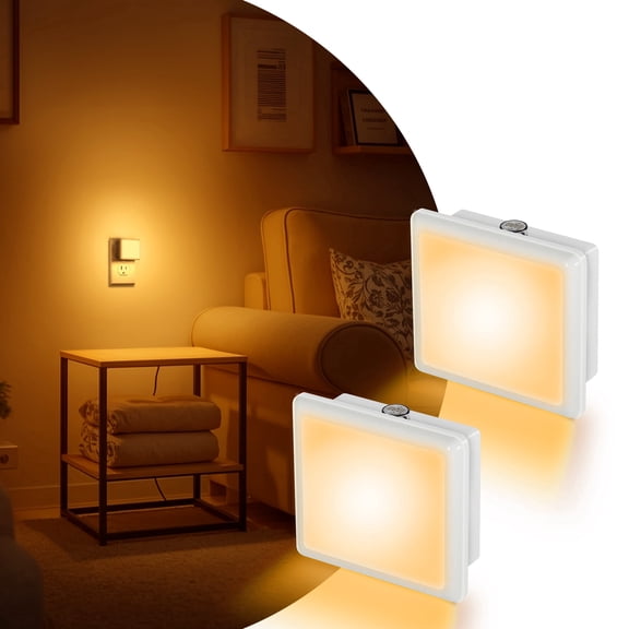 YANSUN 2 Pack 0.3W Warm Amber Night Light Plug In with Light Sensor, White Square Integrated LED Lighting for Bedroom, Staircase & Entryway