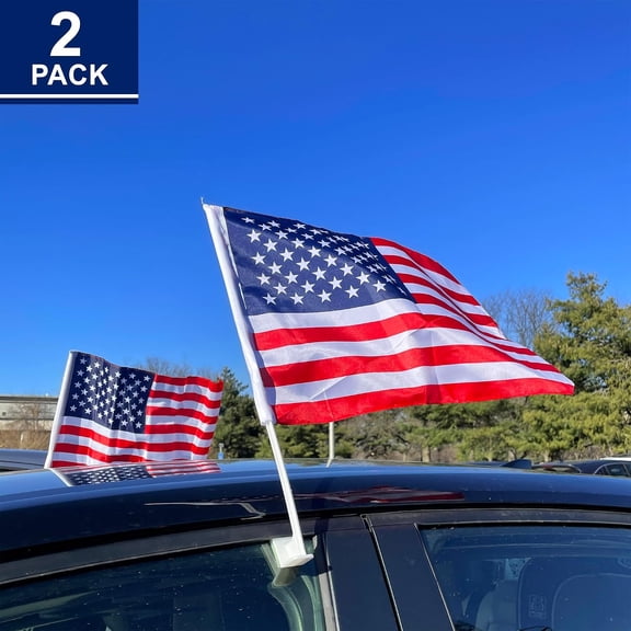 2 Pack American Car Flags with Window Clip, 12 x 18 Inch US Flag for Vehicles, Trucks, SUVs, 4th of July, Memorial Day, Parade Tailgate Decor