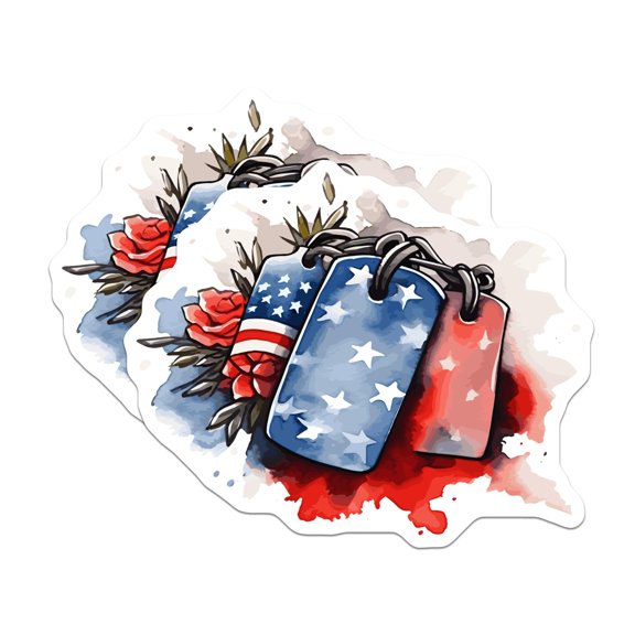(2 Pack) American Flag Dog Tag Stickers - Patriotic Military Veteran Memorial Day - Red White Blue Rose Art - 5" On Longest Side - Sticks to Smooth Flat Surfaces - Made in USA - BMCS21212