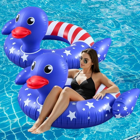 2 Pack American Flag Inflatable Duck Pool Float-45 Inch 4th of July Large Swim Tube Rings 250th Anniversary Red White & Blue Floating Raft for Summer Lake Beach Pool Party Ride