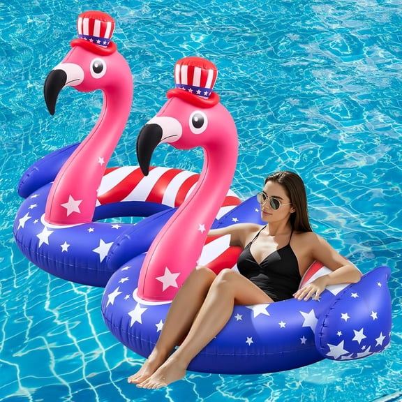 2 Pack American Flag Inflatable Flamingo Pool Float-45 Inch 4th of July Large Swim Tube Rings 250th Anniversary Red White & Blue Floating Raft for Summer Lake Beach Pool Party Ride