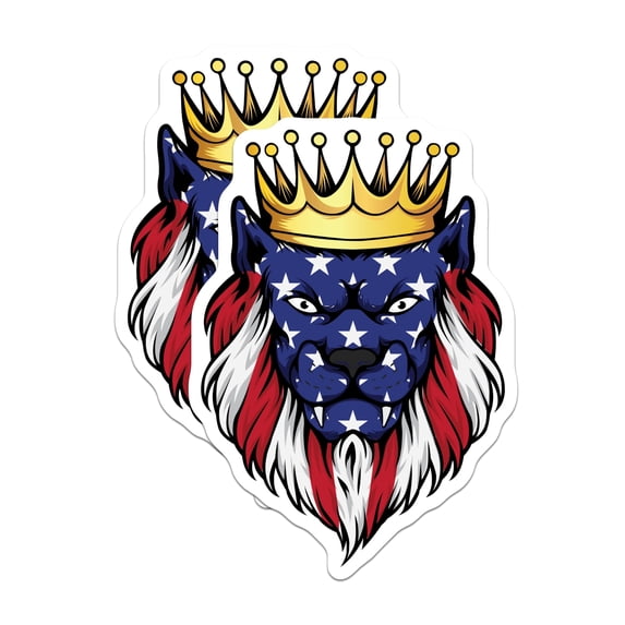 (2 Pack) American Flag Lion Stickers - Patriotic Animal Art - Crowned Lion Design - 5" On Longest Side - Sticks to Smooth Flat Surfaces - Made in USA - BMCS17987