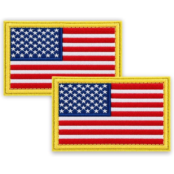 2 Pack American Flag Patches(2.1x3.3 Inch) US Flag Stickers Hook and Loop Premium Embroidered Patch Rectangular Sew on Military Army Uniform Vest Emblems Backpacks Accessories Patriotic Badge(Gold)