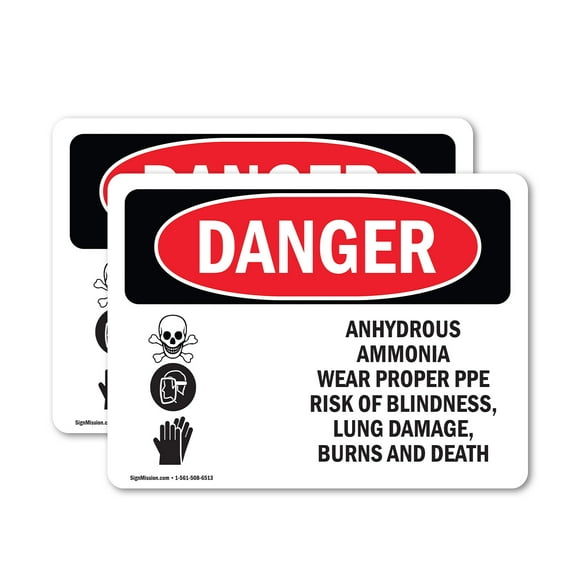 (2 Pack) Anhydrous Ammonia Wear Proper PPE OSHA Danger Sign 14 Inch X 10 Inch Vinyl Label Decal Sticker Weather Resistant, UV Protected for Workplace, Business, and Construction Site,